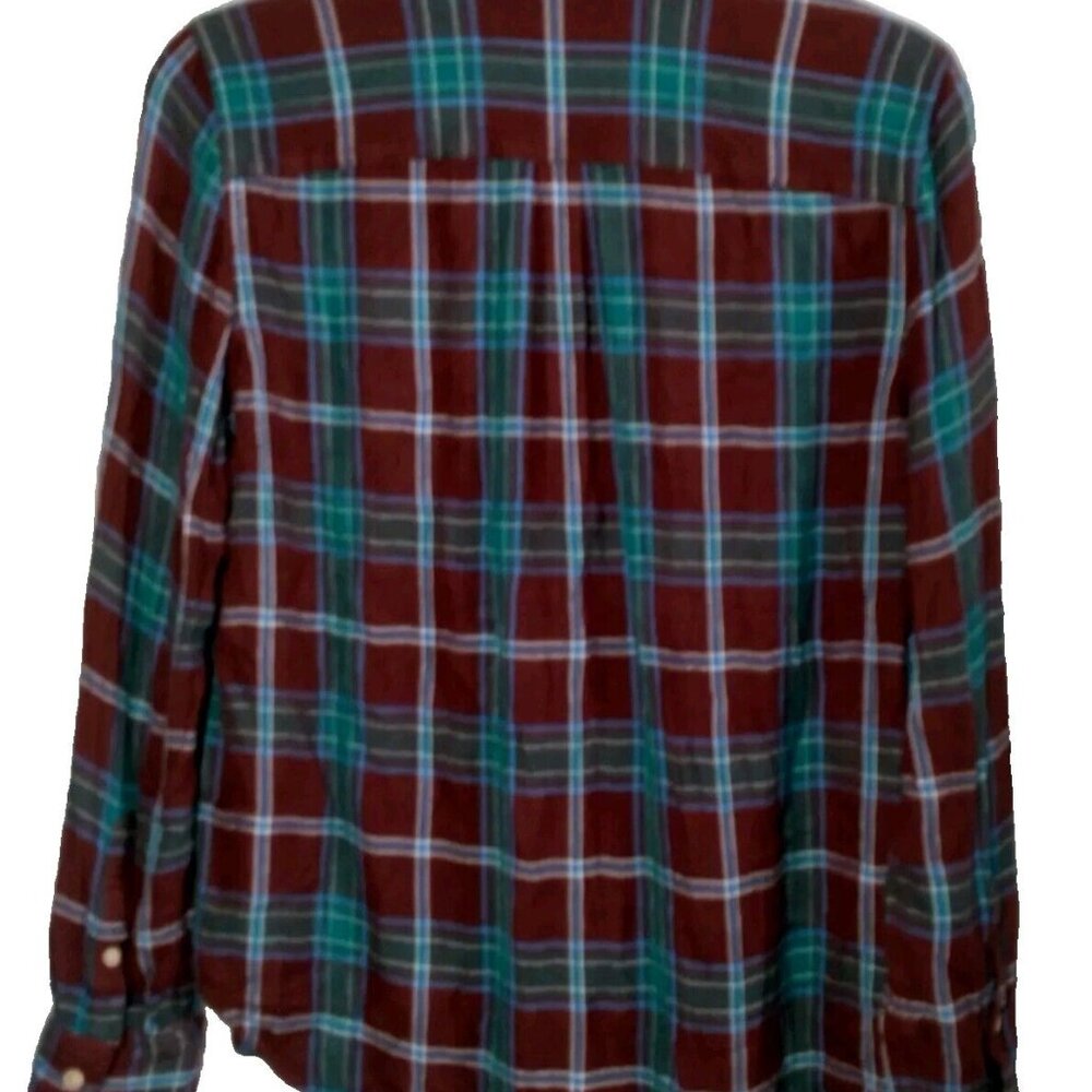 LL Bean Signature Flannel Shirt Women Medium Rayon Maroon Blue Plaid Long Sleeve - Picture 2 of 9
